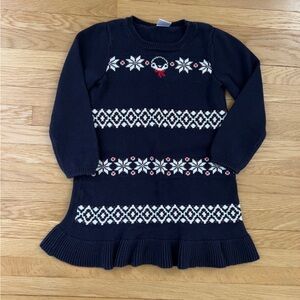 Penguin Sweater Dress, Knit Alpine Ski, Navy Blue Long Sleeve Holiday Christmas